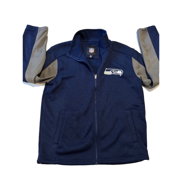 NFL Seattle Seahawks Navy Gray Fleece Lined Knit Jacket SZ M Fan Football preppy - Picture 1 of 7